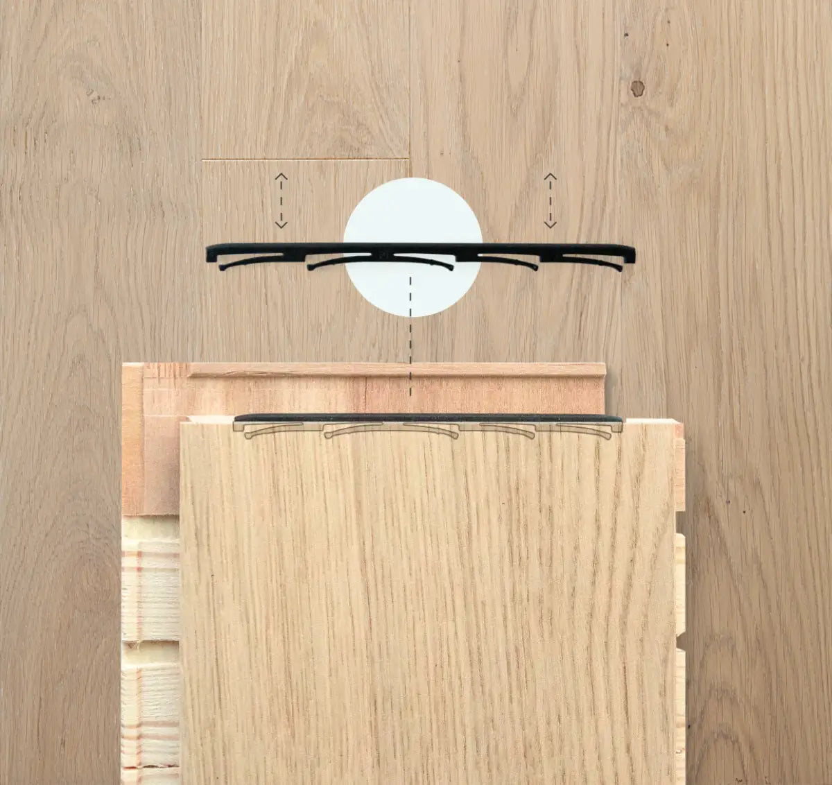 The Stuga Compression Pin is shown in detail on the end of a plank of flooring