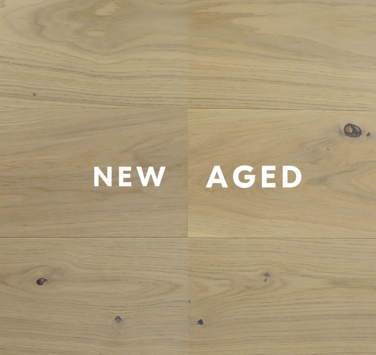 A side by side example of patina on wood flooring with the words "new" and "aged"