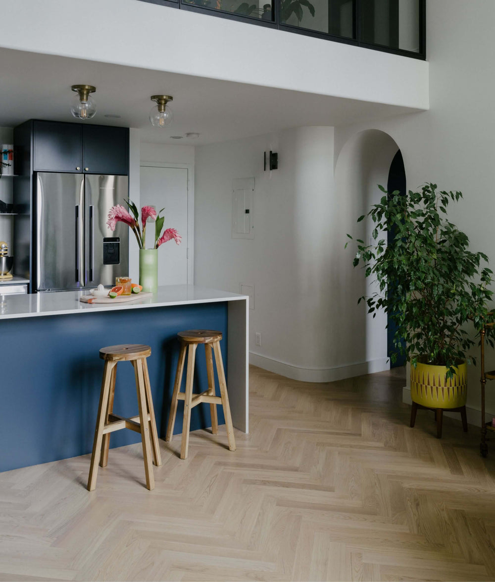 Modern blue kitchen traditional herringbone hardwood flooring