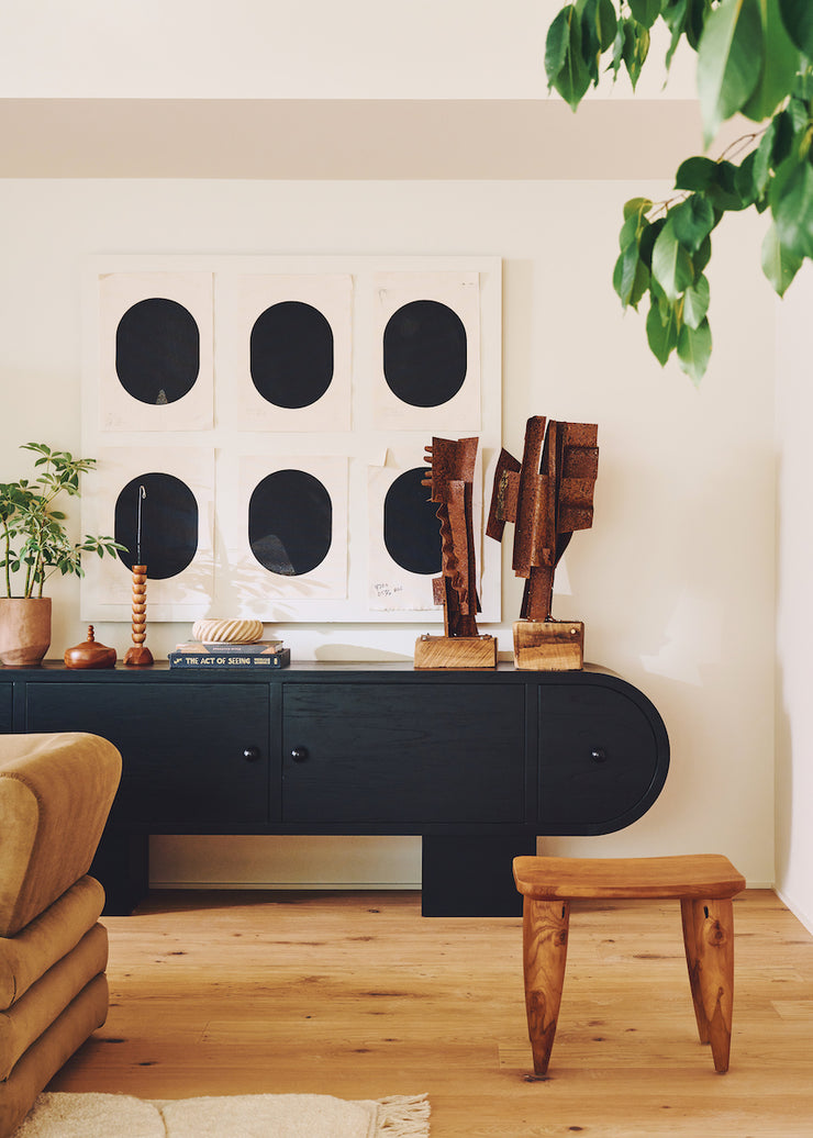 Sarah Sherman Samuel designed living room credenza with natural white oak flooring by Stuga