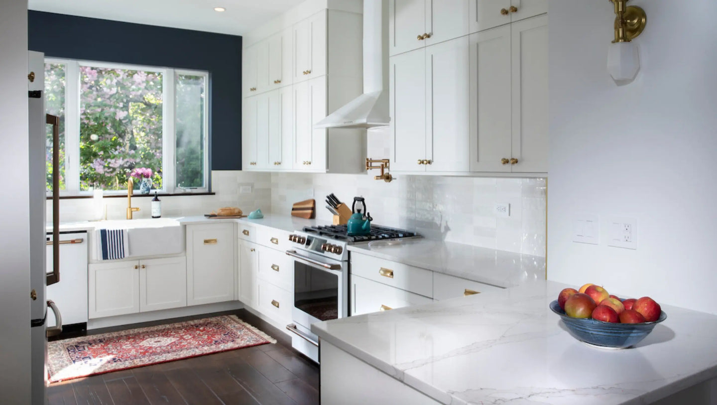 Bright Brooklyn kitchen with dark brown wood flooring Solstice by Stuga