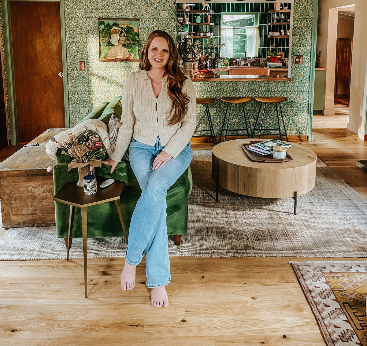 Claire Thomas in her whimsical Big Bear cabin with Stuga Forest floors