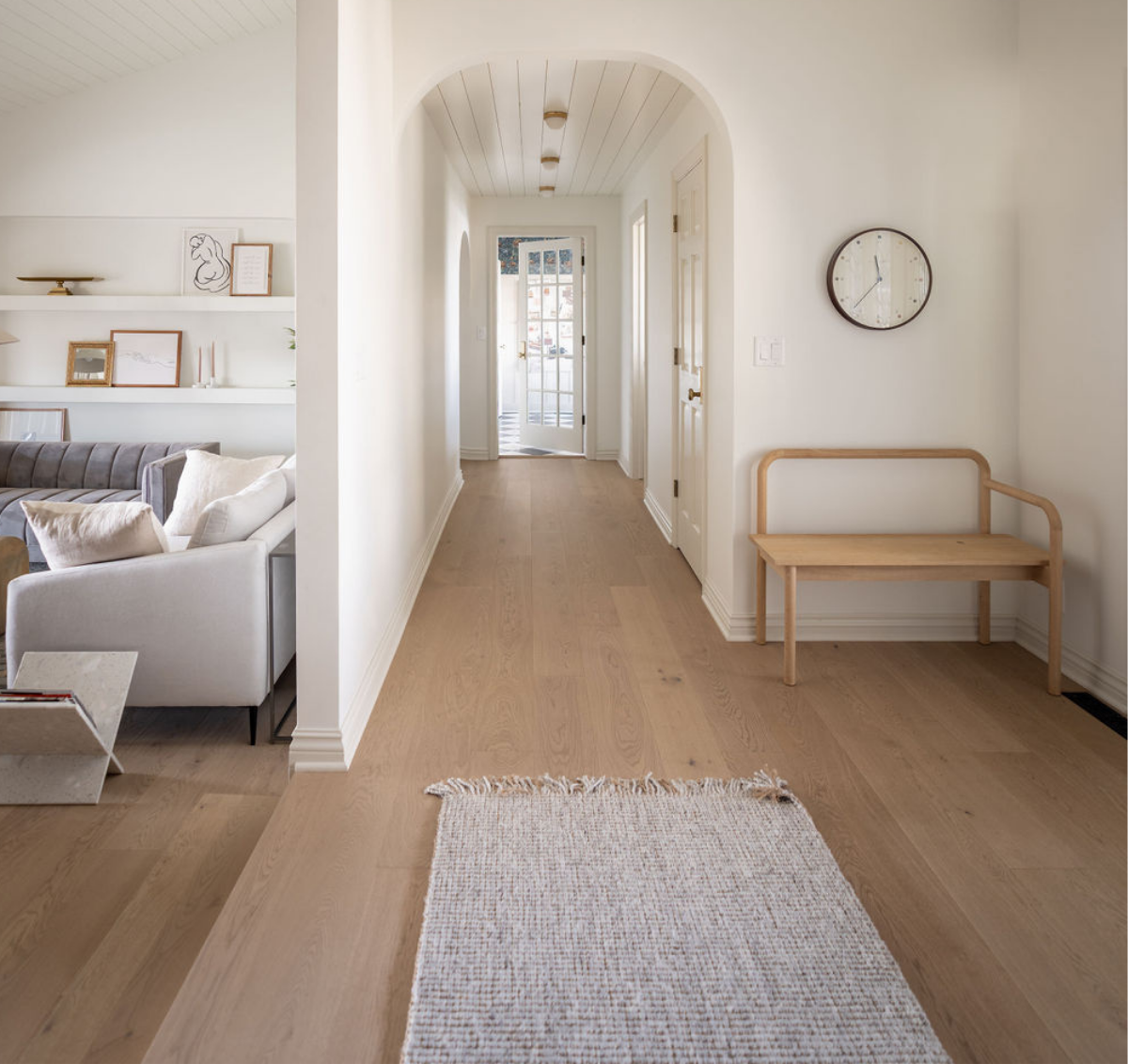 Neutral wide plank Scandinavian wood floors in entryway| Stuga Flooring | Home Renovation