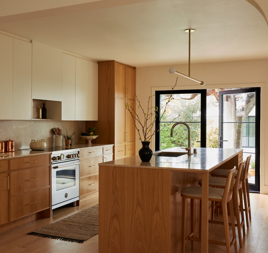 White oak engineered flooring in a modern kitchen