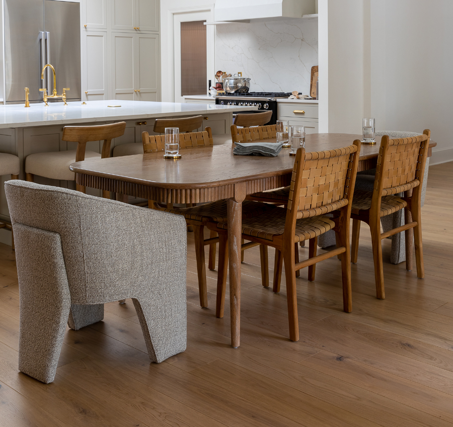 Kitchen and dining room with modern hardwood floors in Austin, Texas