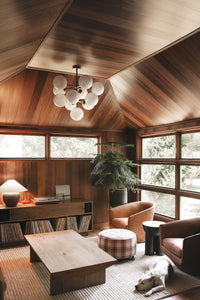 Modern living room with walnut flooring on the walls and ceiling