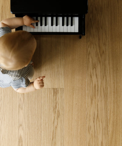 Kid friendly hardwood flooring overhead photo