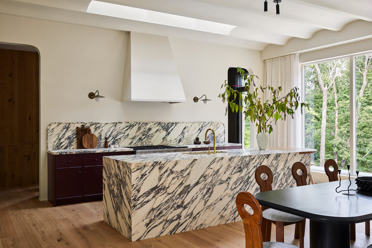 Sarah Sherman Samuel kitchen with natural white oak flooring by Stuga and dramatic marble veining