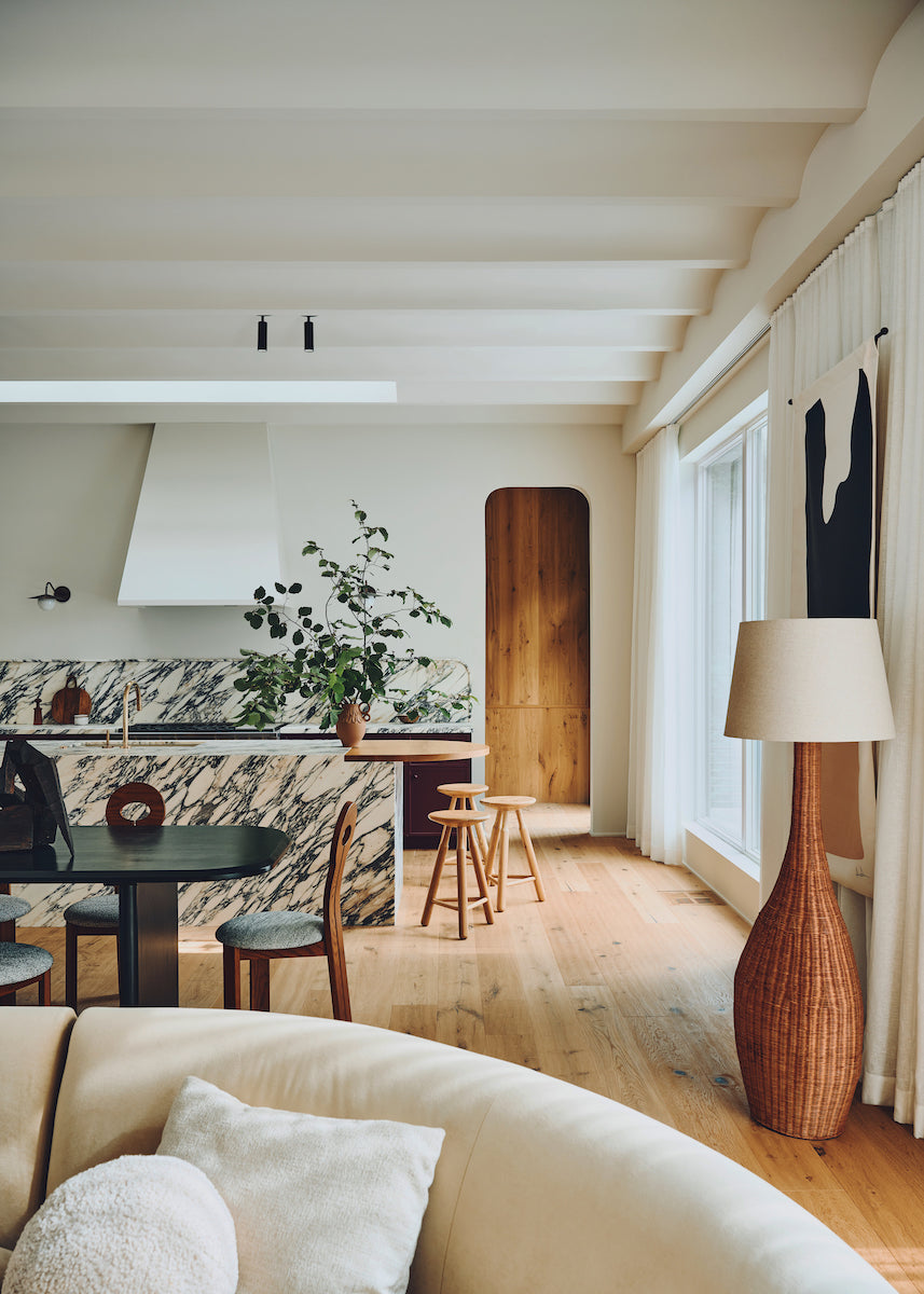 Sarah Sherman Samuel showhouse kitchen with Shell flooring by Stuga on floor and pantry walls