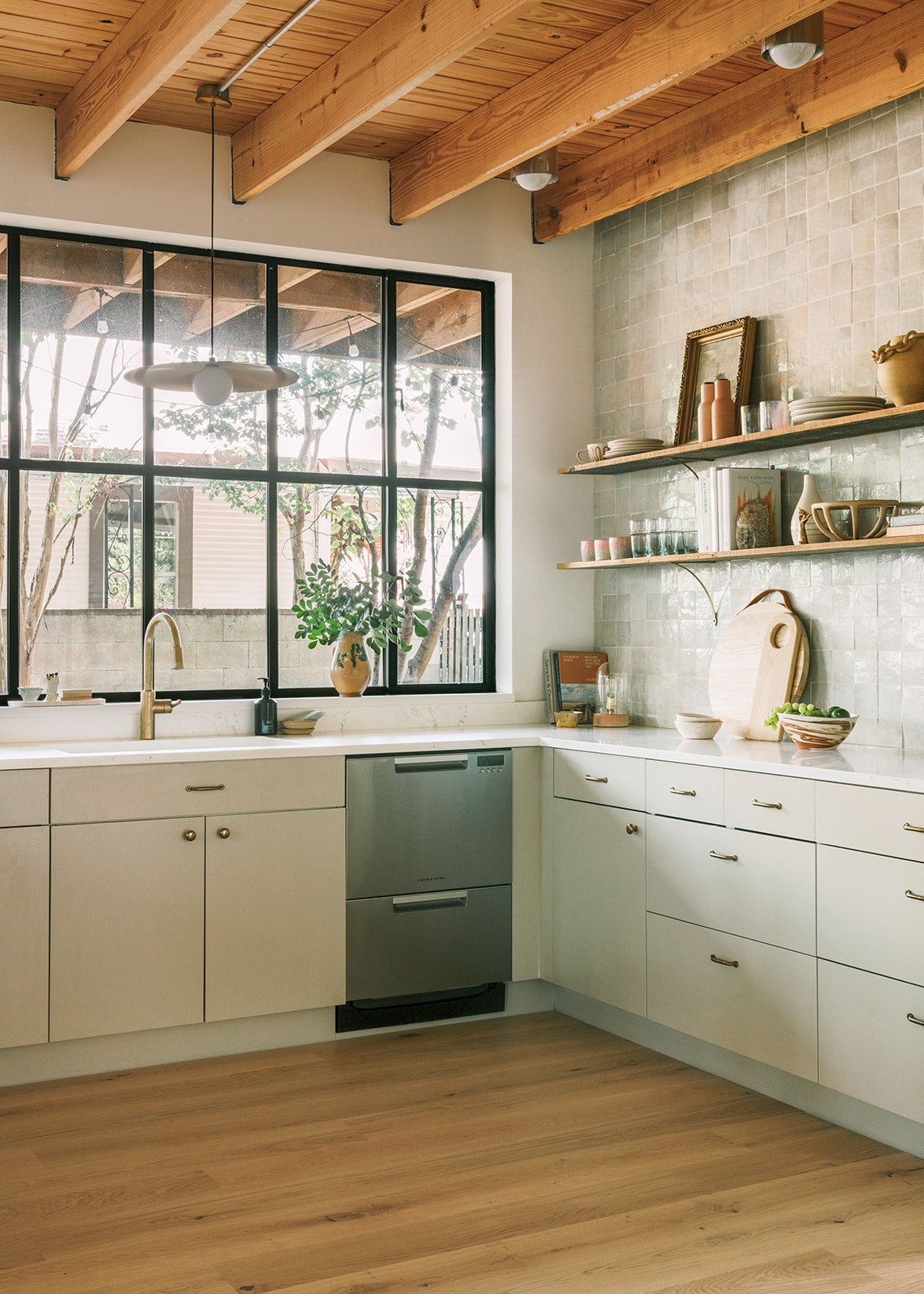 Fredrik neutral white oak flooring in a modern kitchen with open shelving