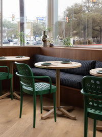 Modern cafe interior with warm hardwood flooring