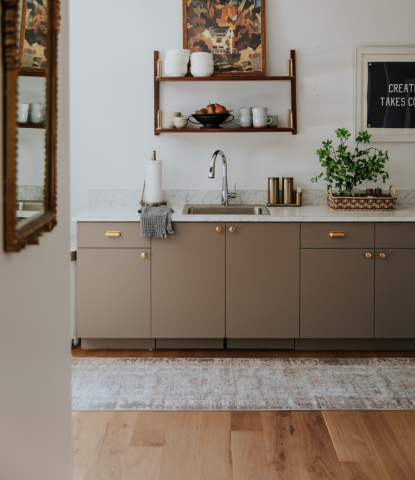 Faye by Stuga in the Chris Loves Julia office with gray cabinets and a Loloi runner rug