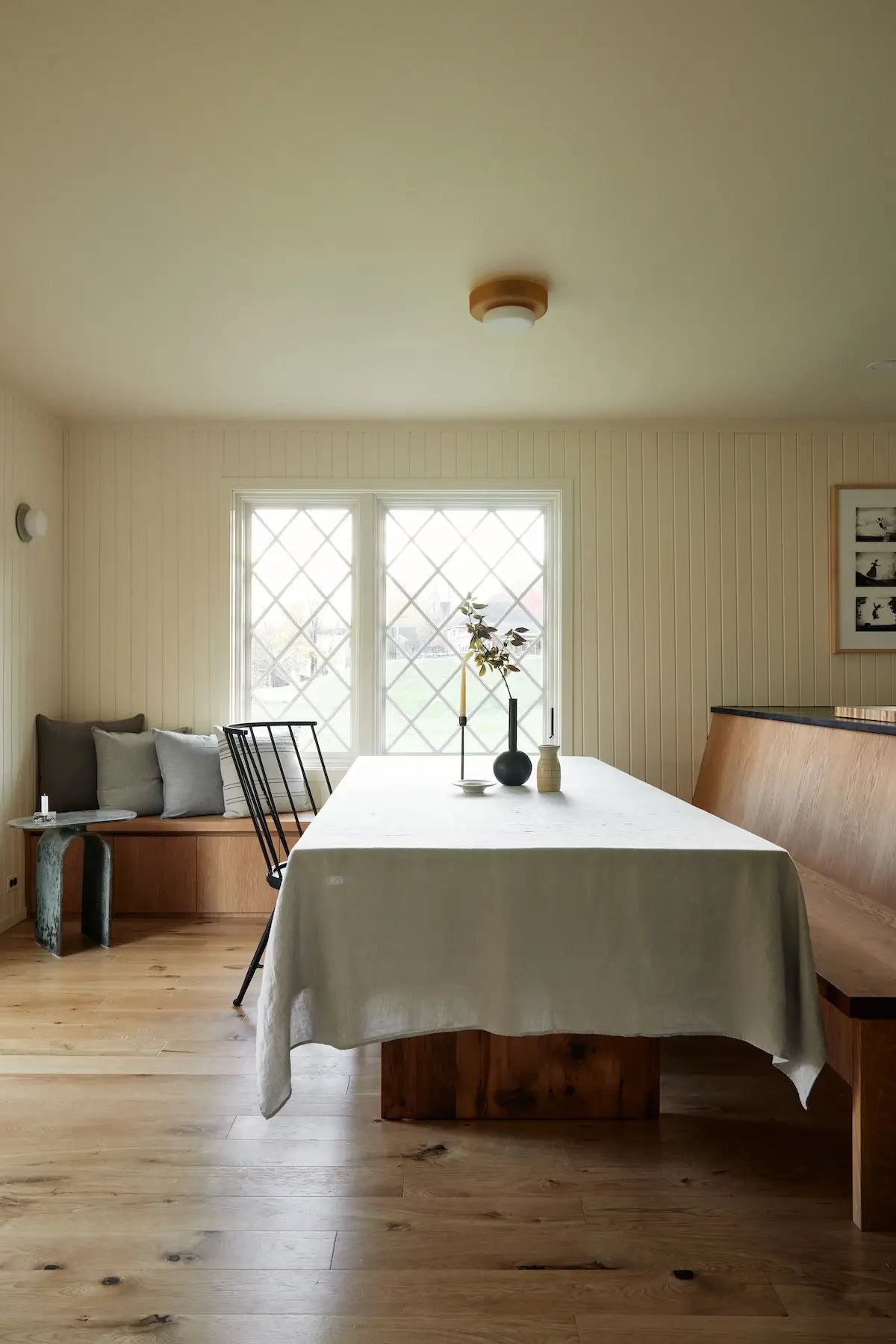 Dining room with Forest rustic hardwood flooring by Stuga