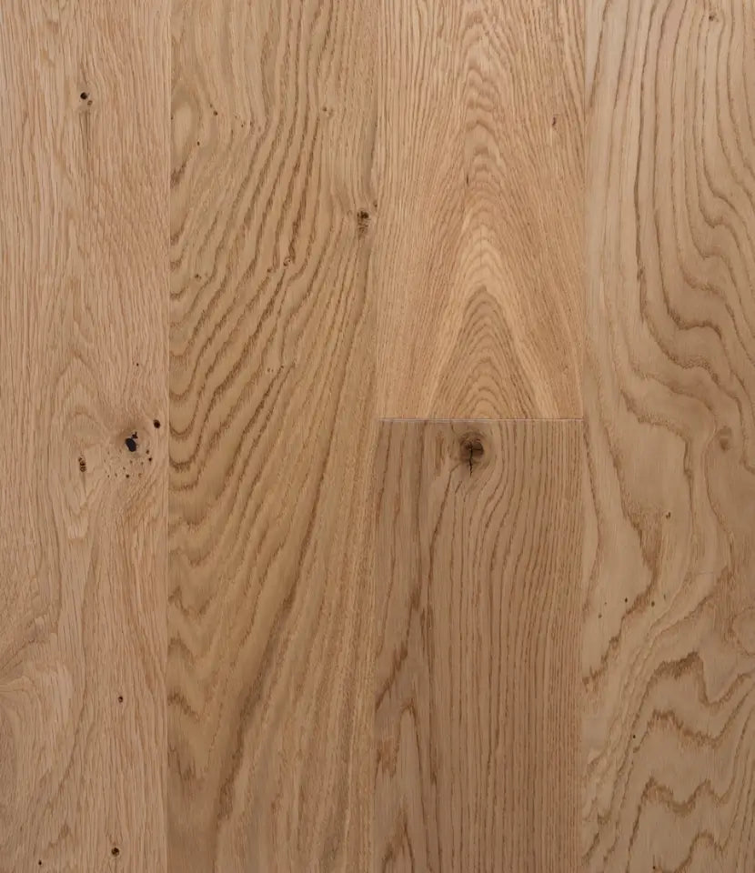 Forest natural white oak flooring with knots and cracks has an organic modern look