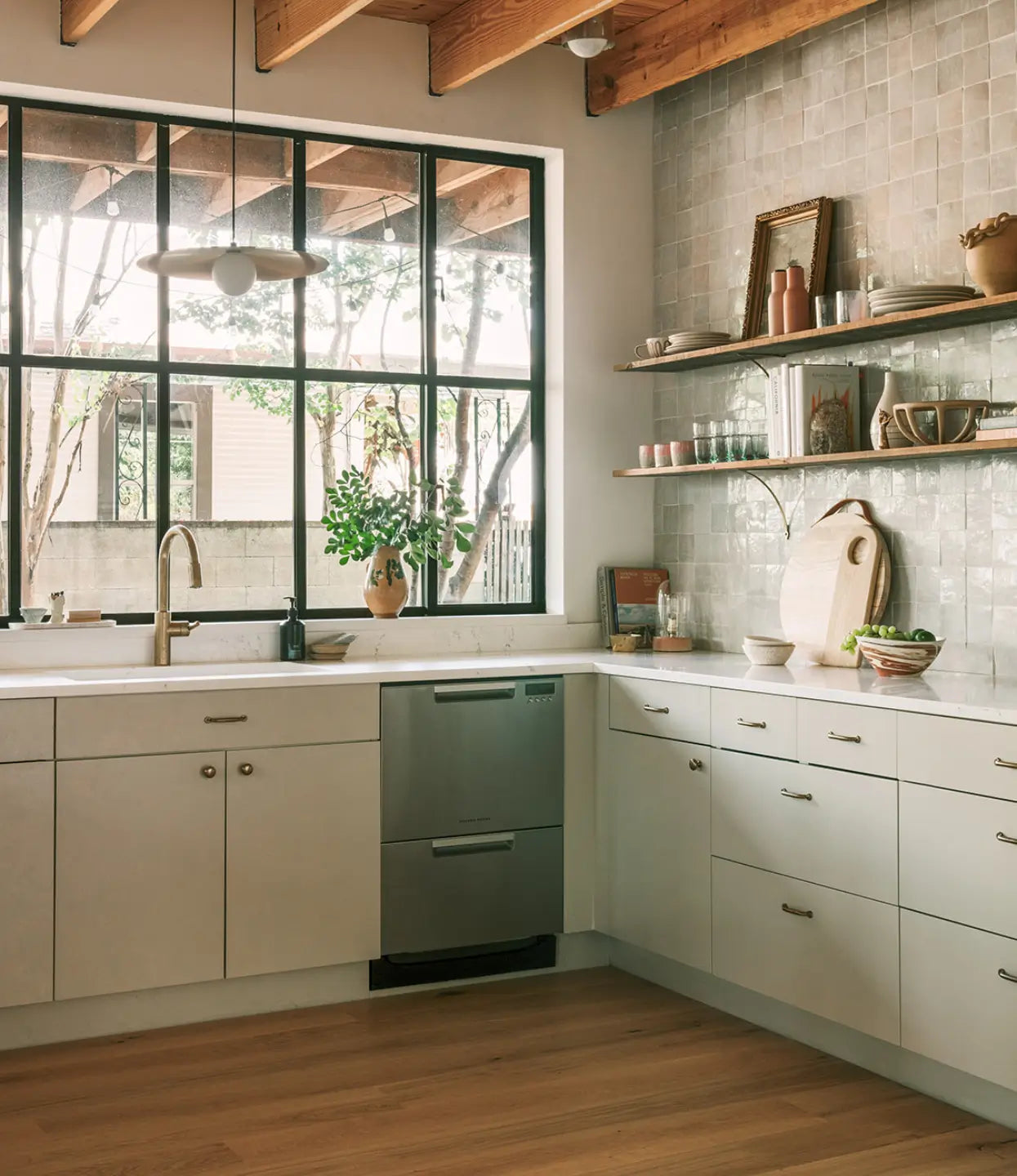 Fredrik neutral white oak flooring in a modern kitchen with open shelving