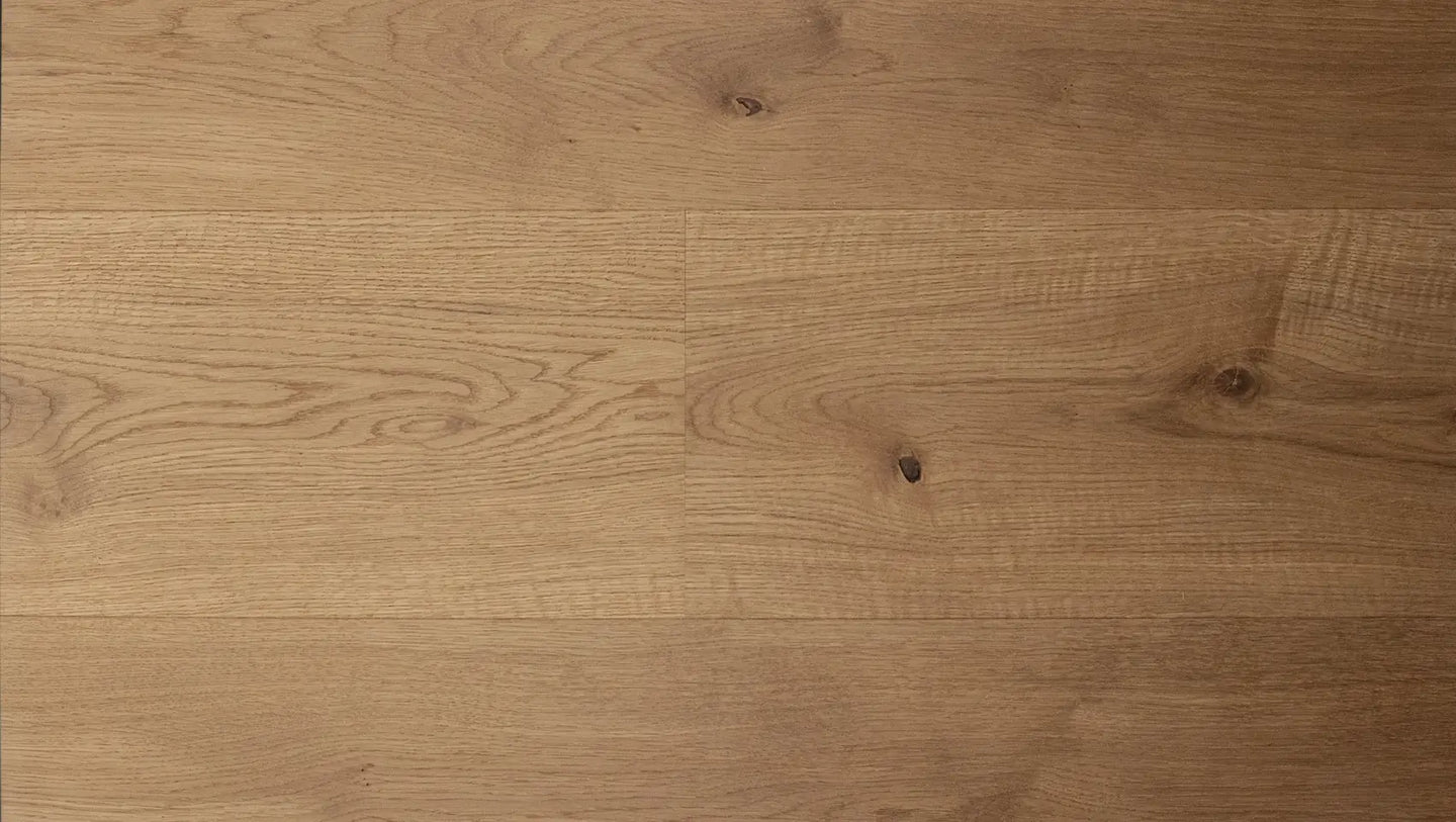 Happy Hour warm white oak flooring by Stuga with wide, long planks