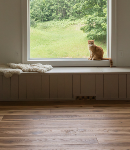 A window seat overlooking Michigan wilderness with an orange cat and hand scraped oak flooring by Stuga