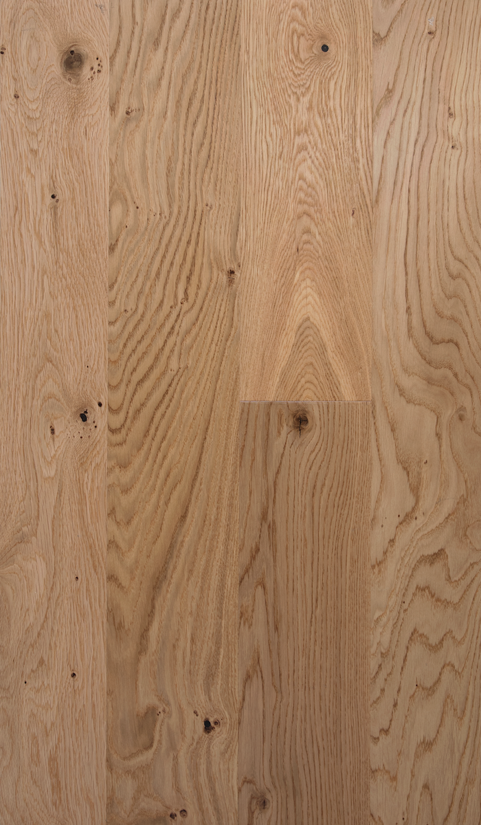 Forest natural white oak flooring with knots and cracks has an organic modern look