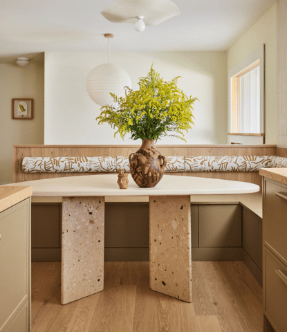 Modern kitchen design by Sarah Sherman Samuel with white oak flooring planks by Stuga on the banquette and floor