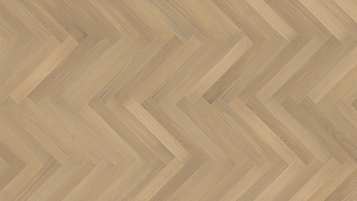 White oak herringbone hardwood flooring by Stuga creates a subtle pattern