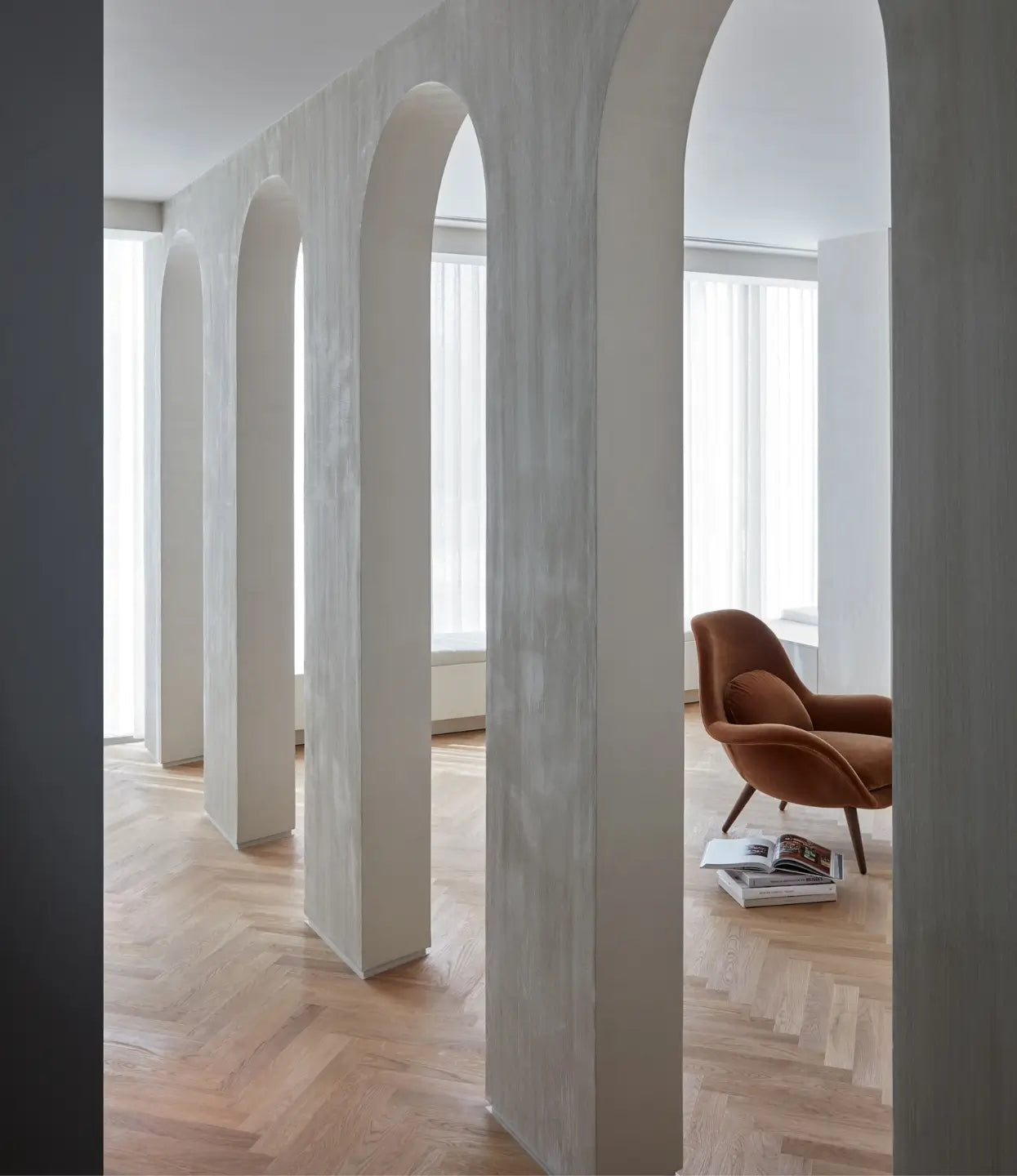 Foyer hallway using Sisu herringbone wood flooring by Stuga