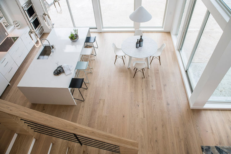 Scandinavian style kitchen with Fika engineered hardwood flooring by Stuga