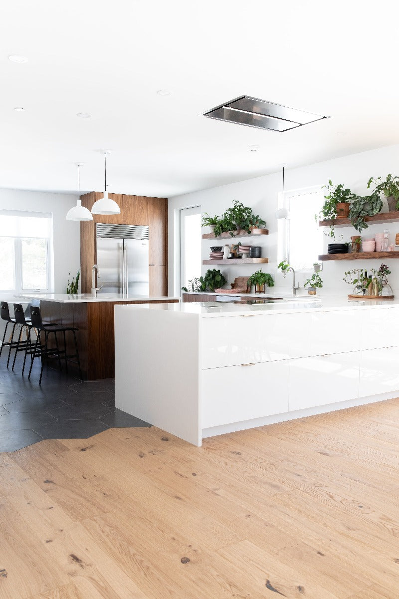 natural white oak hardwood flooring by stuga in a modern kitchen design