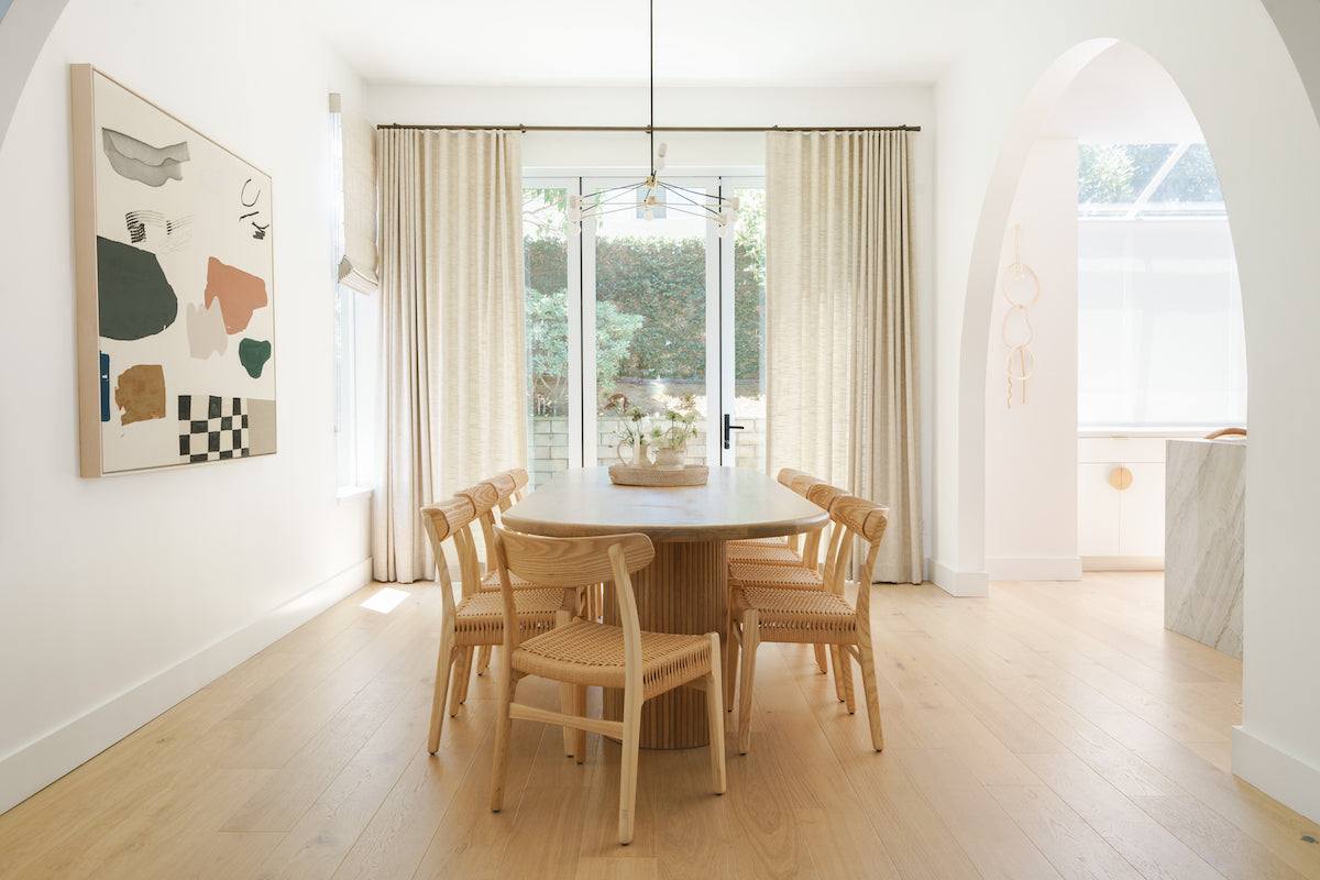 Neutral palette dining area inspiration with Fika engineered Stuga hardwood flooring