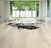 Wide plank white oak engineered hardwood flooring from Sweden.