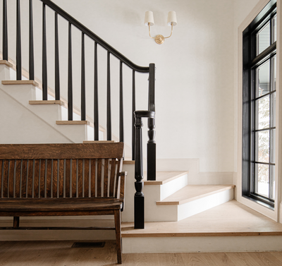 Squared stair nosing with white risers in home of Chris Loves Julia